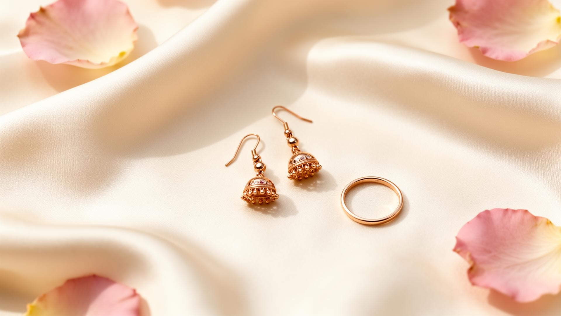 Rose gold jewellery on ivory silk