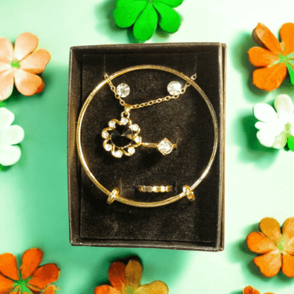 4 piece classic golden women jewllery set - Ring, Necklace, Earrings, and Bracelet